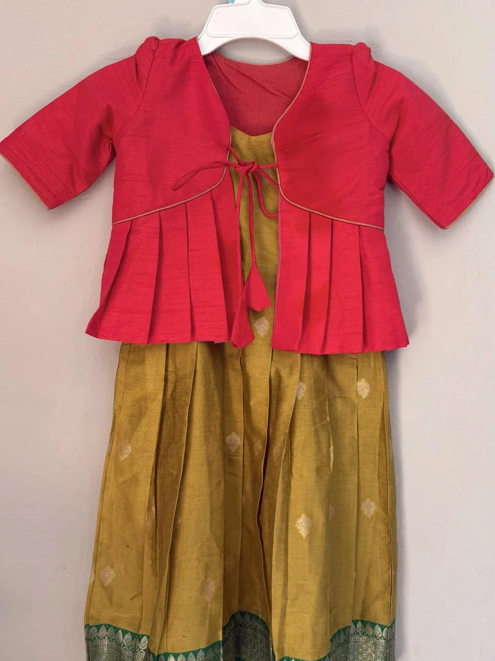 Girls Traditional Two-Piece Costume in Red and Olive